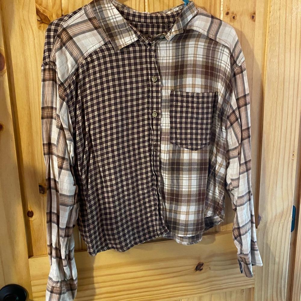 American Eagle Brown Checkered Patchwork Shirt